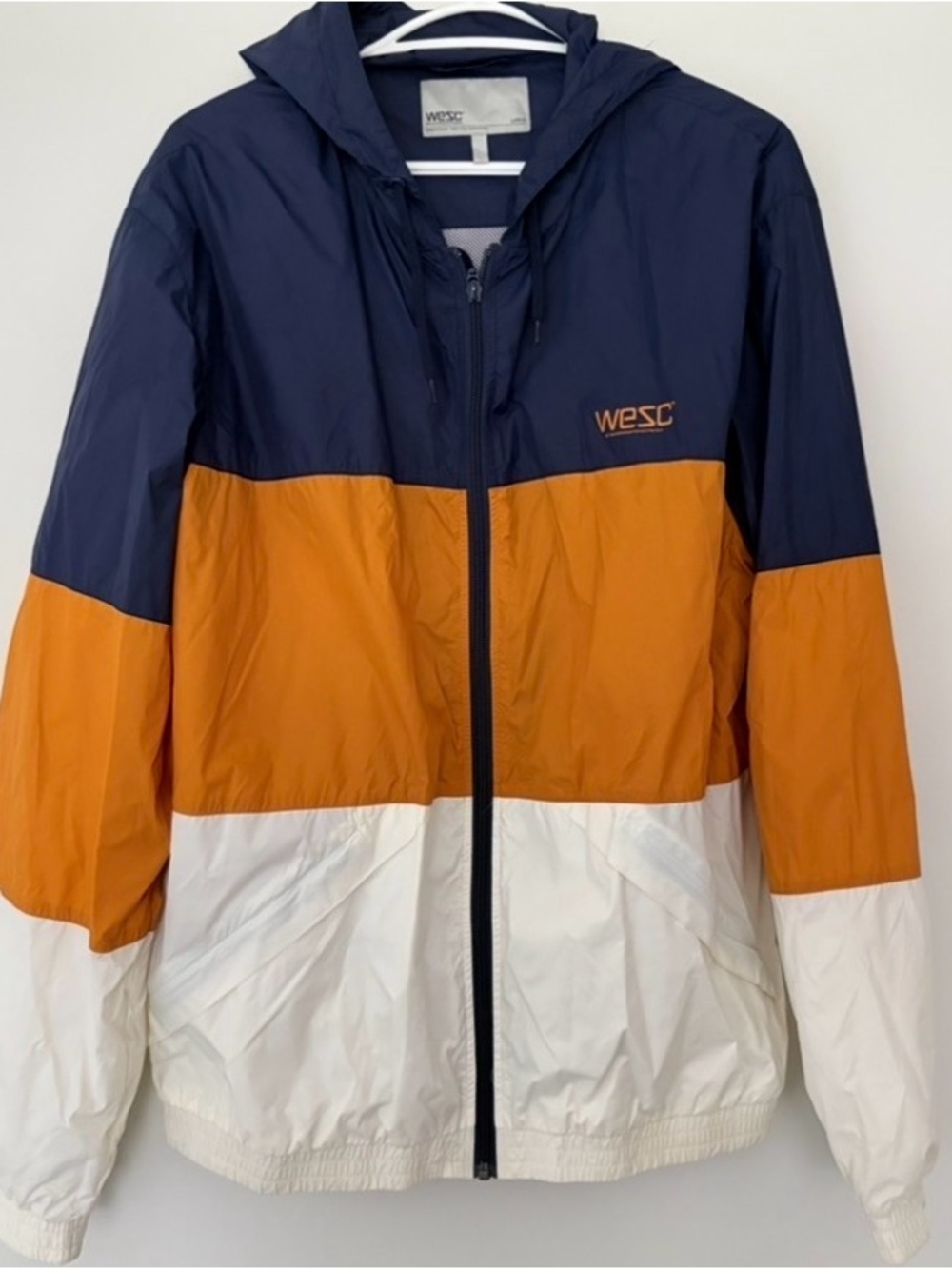 WESC Colorblock Hooded Windbreaker Jacket - Navy, Orange & White